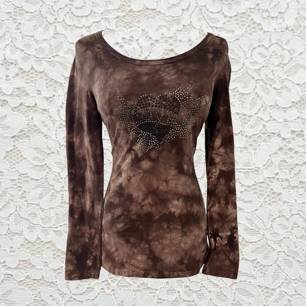 vintage y2k brown tie dye rhinestone graphic long sleeve top